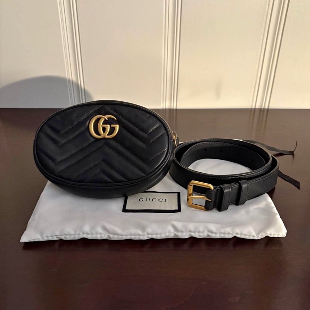Gucci Black Quilted GG Leather Waist Bag with Gold Hardware